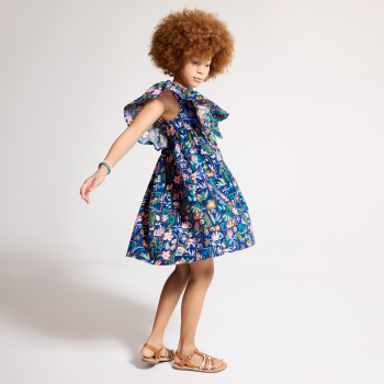 فستان بناتي أزرق مطبوع بأكمام قصيرة مكشكشة